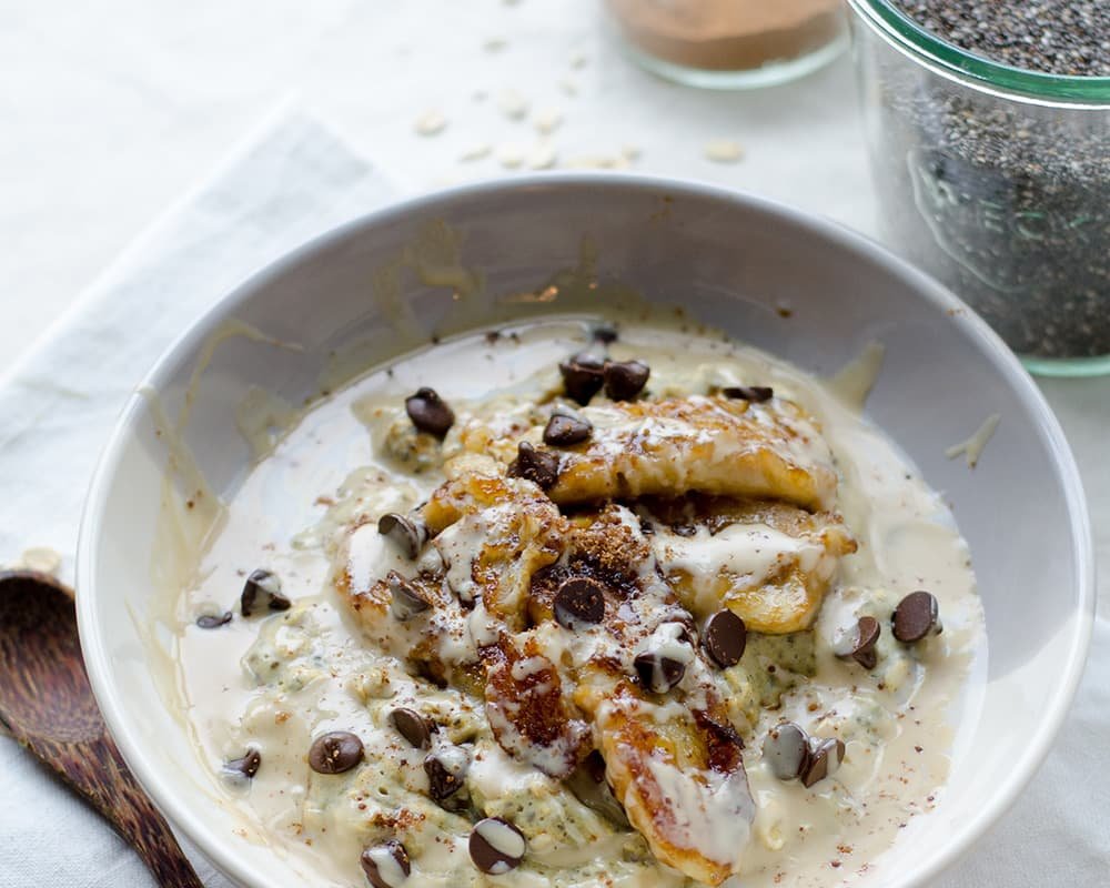 overnight oats met banaan en chocolade