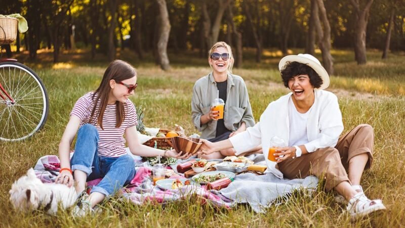 Picknicken met vrienden in de natuur en een rijkgevulde picknickmand