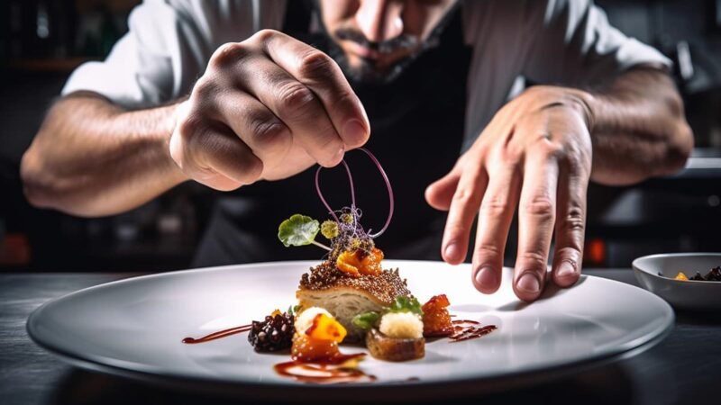 Chef maakt een bord eten op