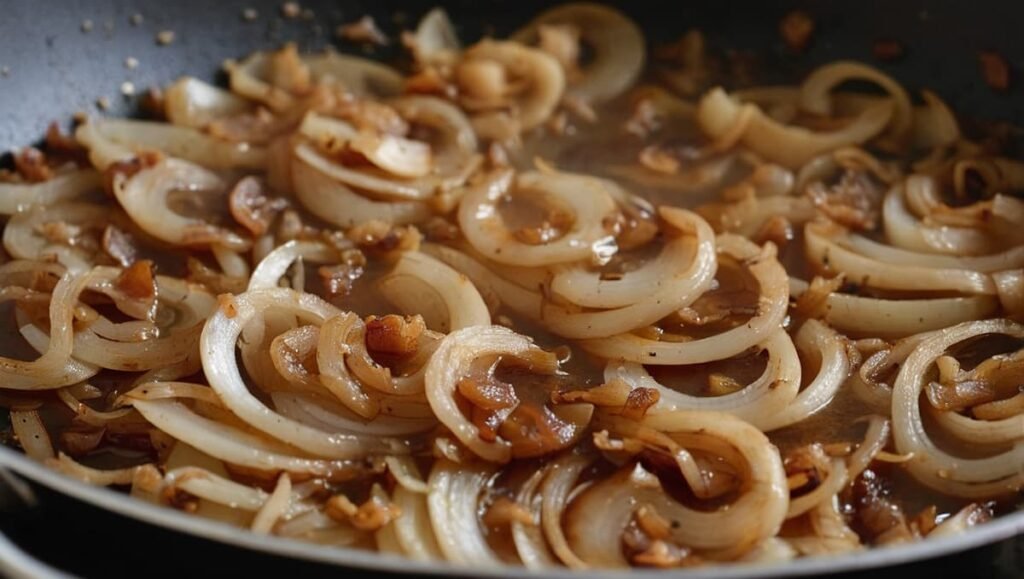 Gekarameliseerde uien in een pan