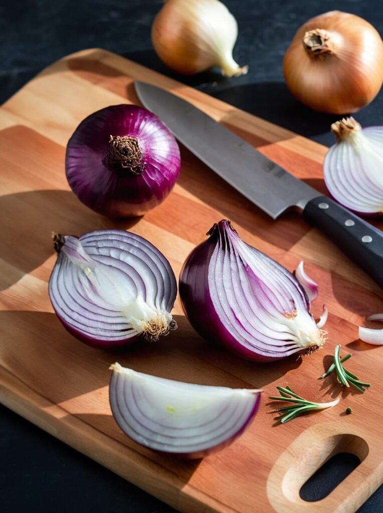 Uien op een snijplank