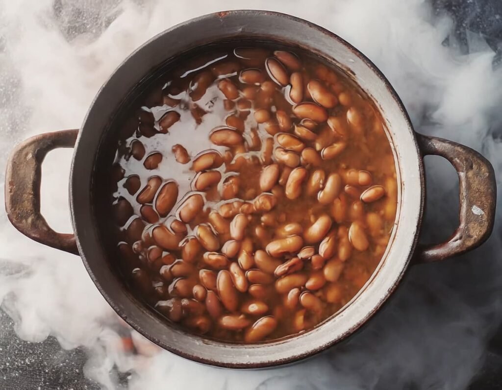 3. Gekookte bonen in een grote pan met water en tot frijoles bereiden