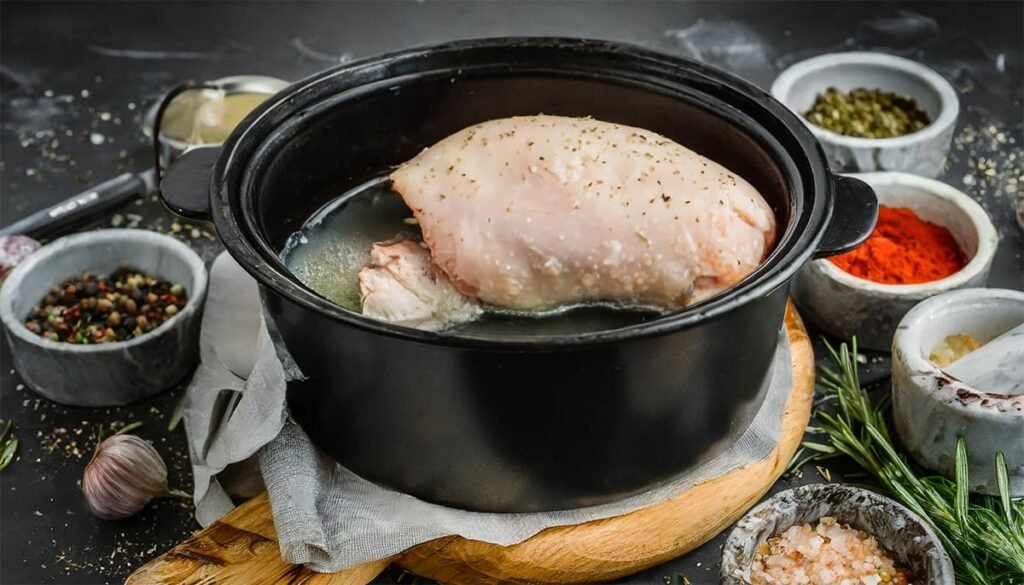 Voeg aan de kip water of bouillon toe