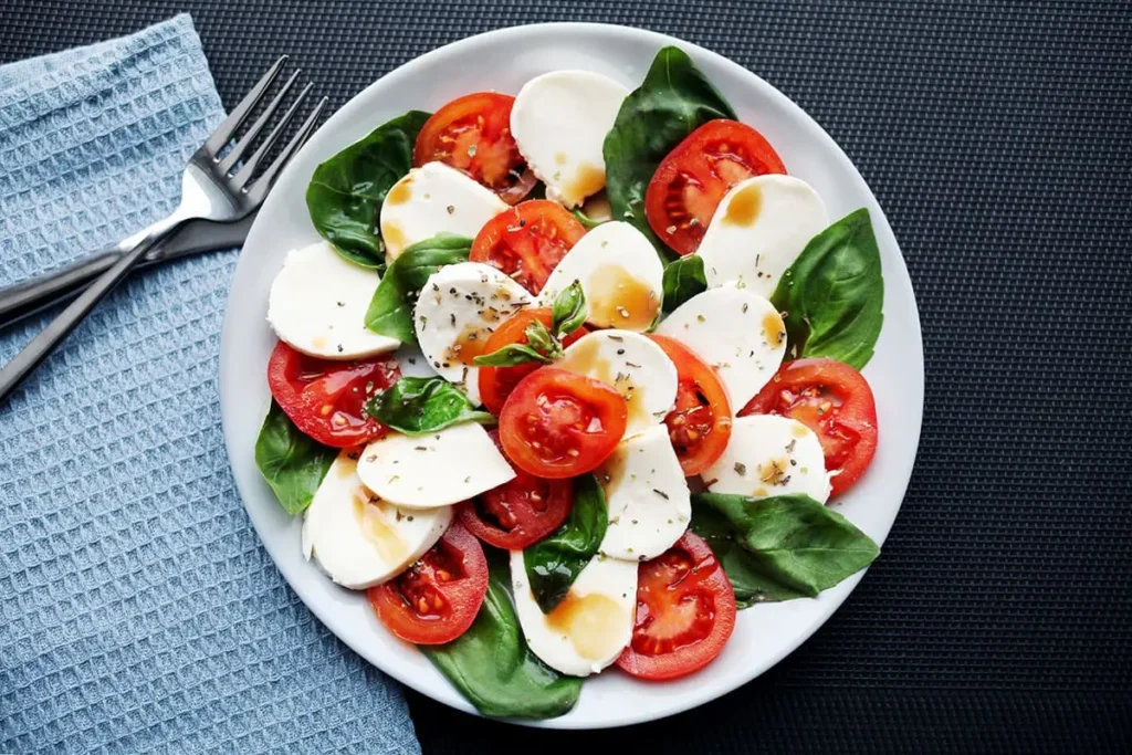 Tomaat, basilicum, mozzarella Caprese salade met balsamico azijn en olijfolie