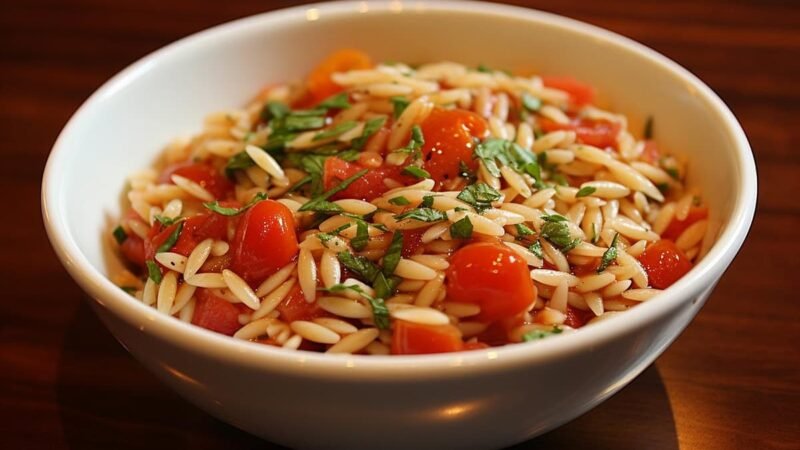 Orzo salade met basilicum olijfolie en tomaatjes